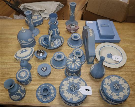 A collection of Wedgwood Jasperware decorative items, including a mantel clock,